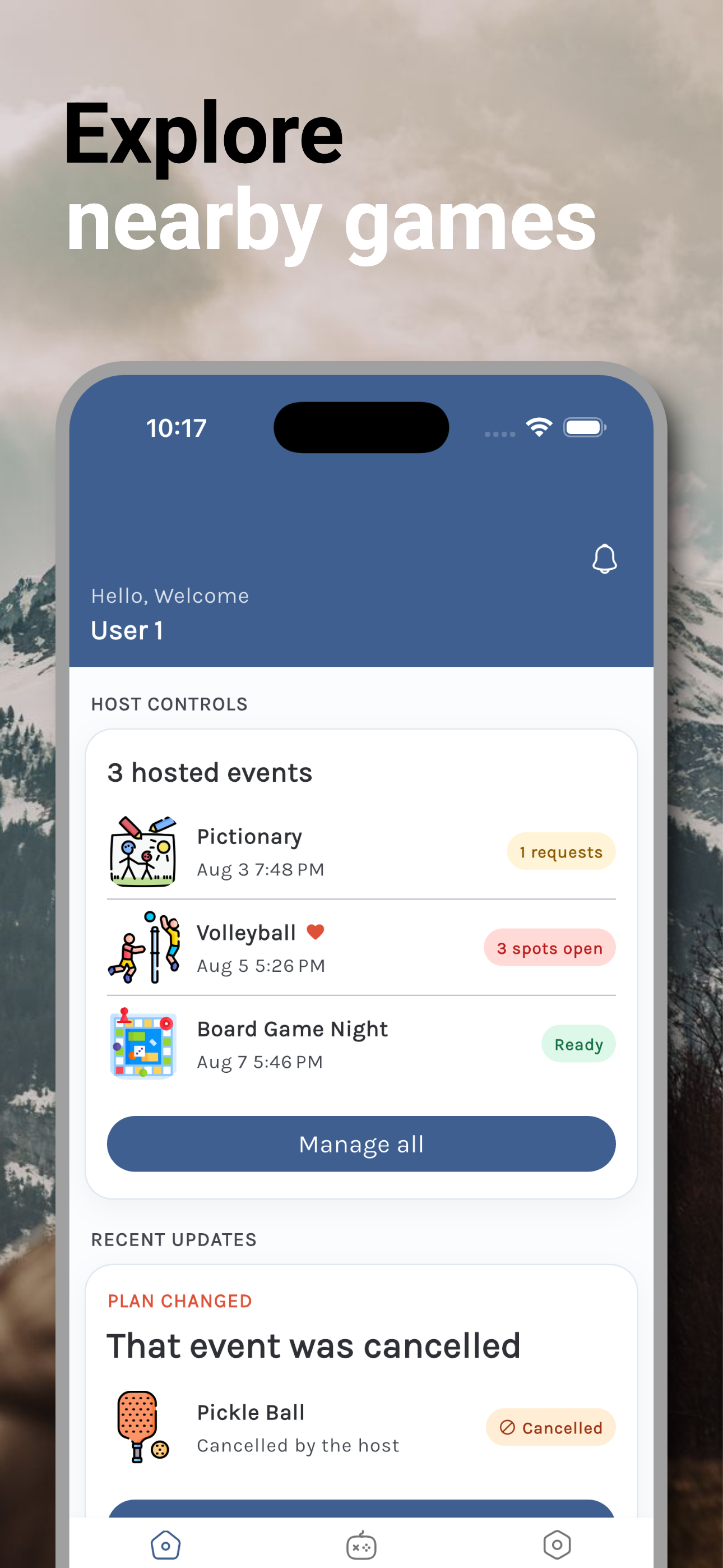 Bored Social nearby games screen